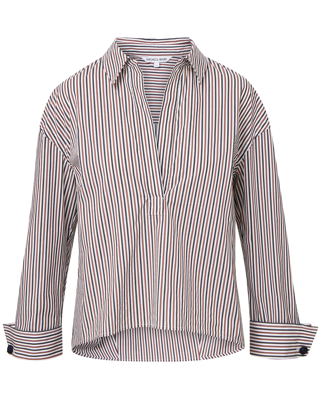 VERONICA BEARD Draymond Striped Cuff-Sleeve Shirt - Navy/Brandy