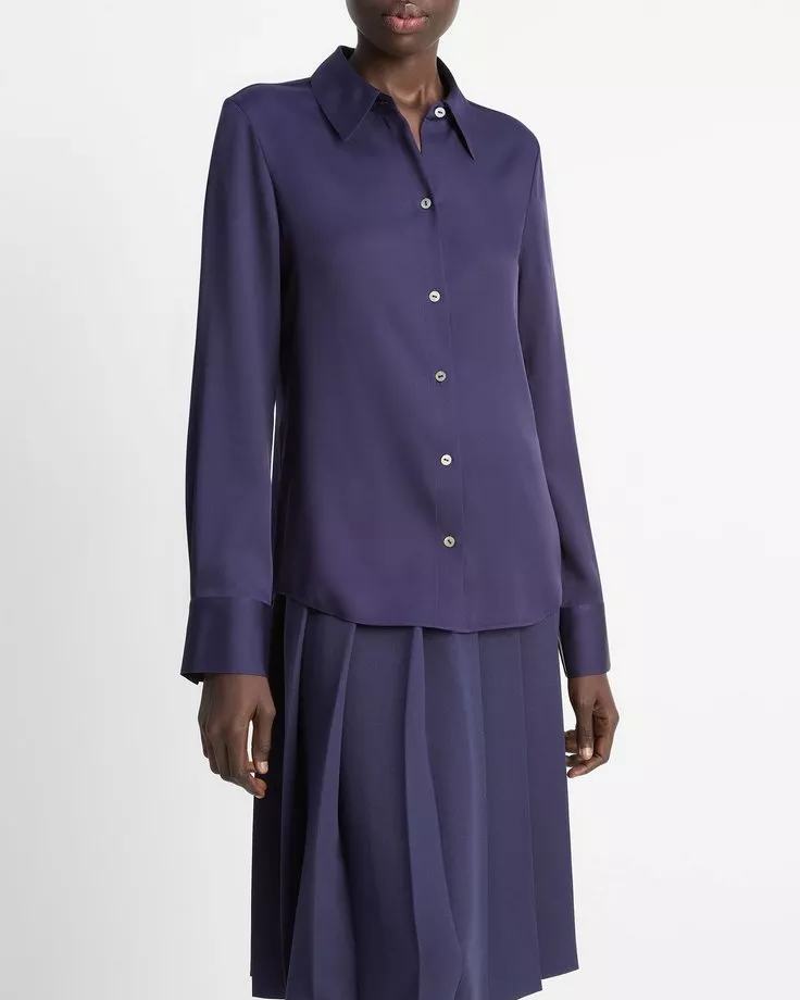 Silk-Blend Slim Button-Front Blouse