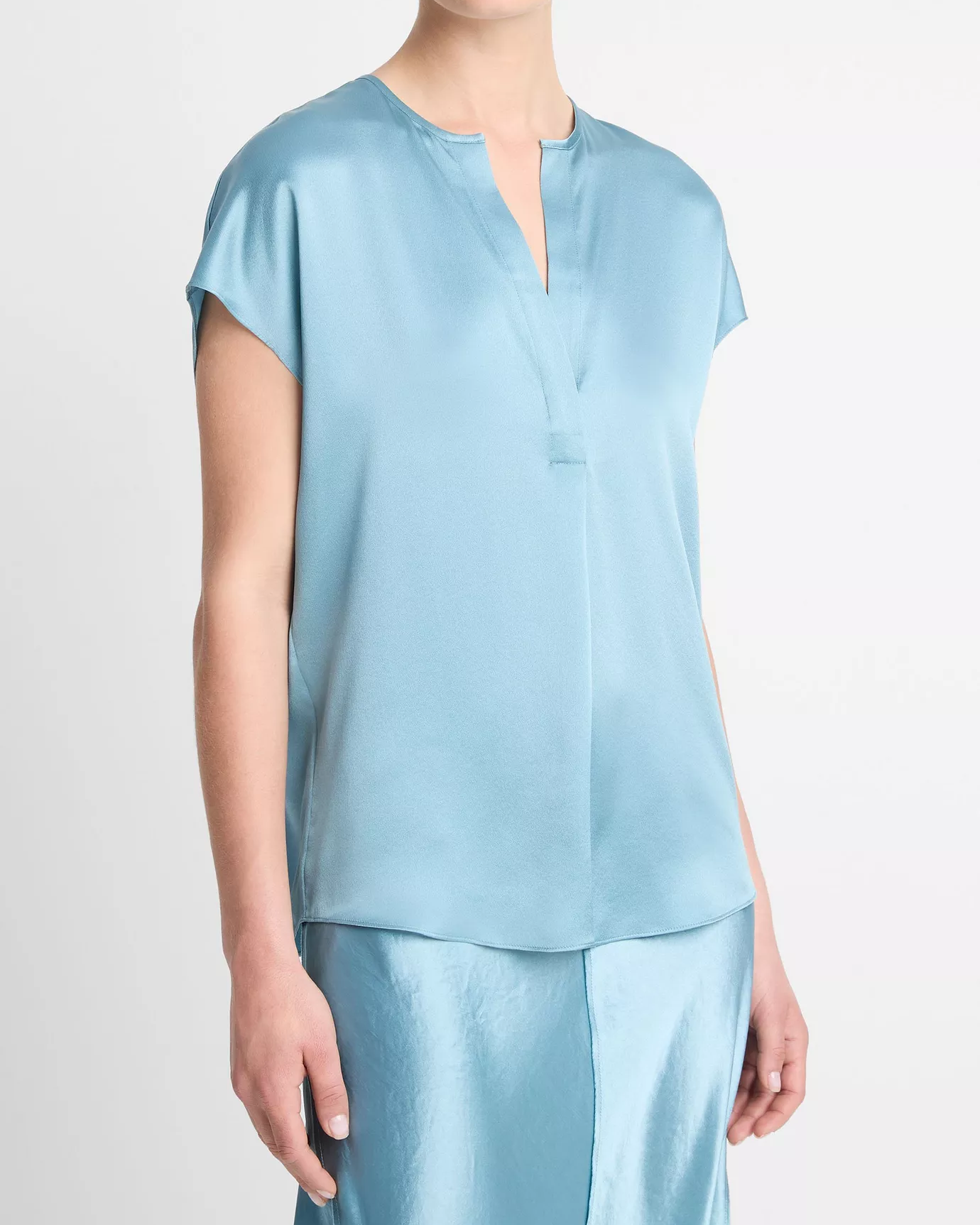 Silk-Cap-Sleeve Half-Placket Blouse