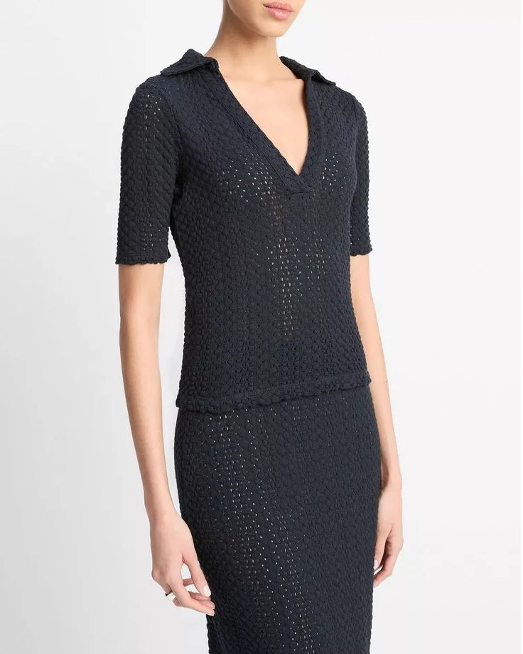 Textural Cotton Elbow-Sleeve Polo Top