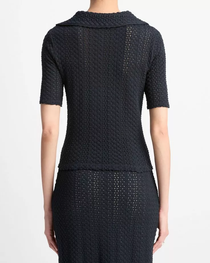 Textural Cotton Elbow-Sleeve Polo Top