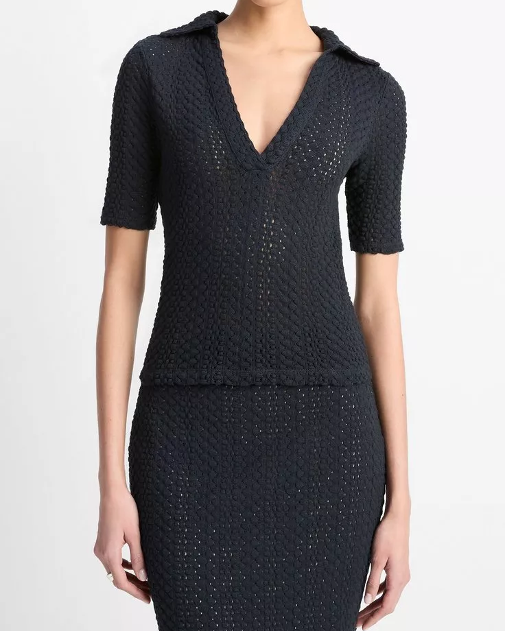 Textural Cotton Elbow-Sleeve Polo Top