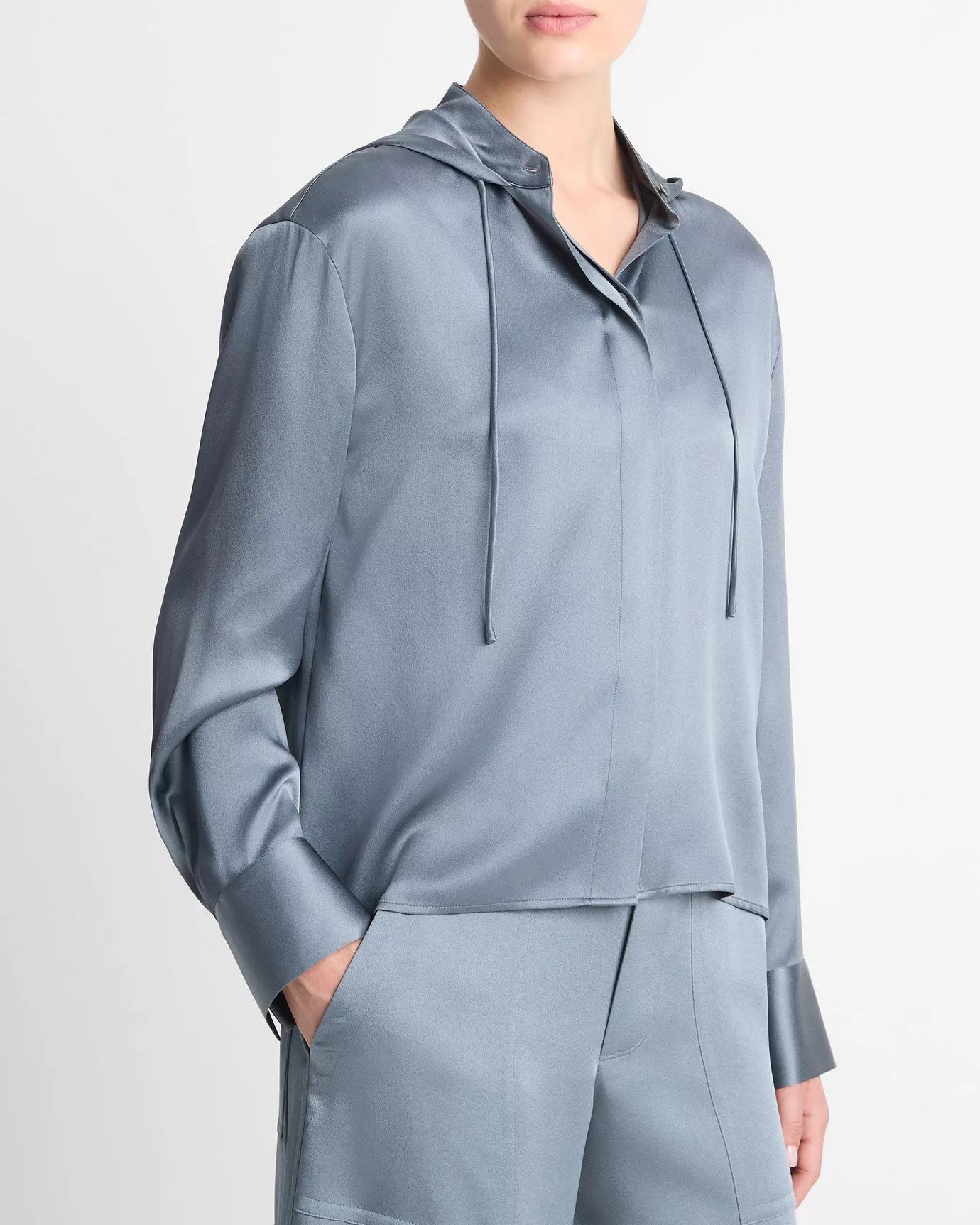 Silk Hooded Button-Front Shirt