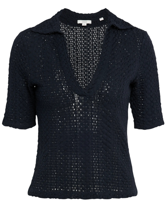 Textural Cotton Elbow-Sleeve Polo Top